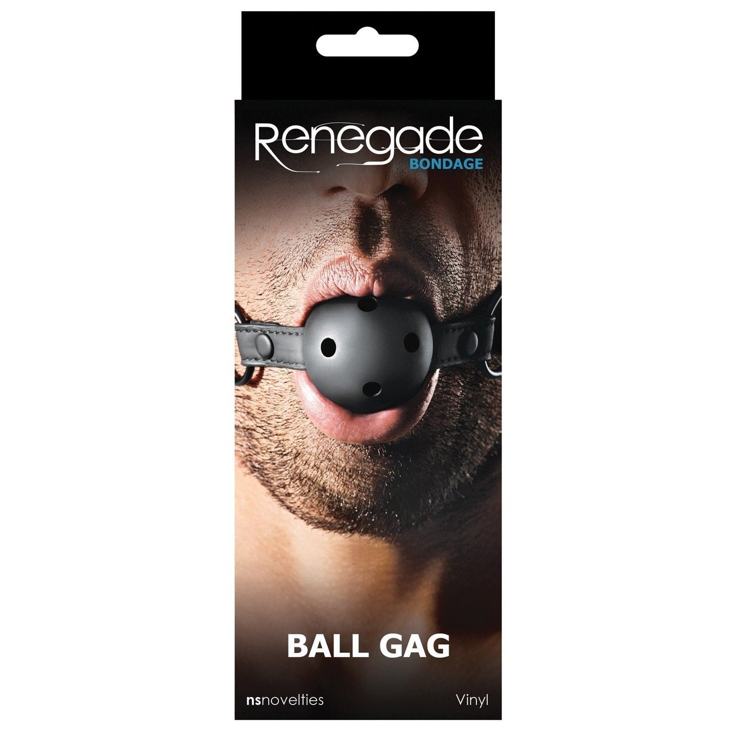 The NS Novelties Renegade Bondage Ball Gag packaging showcases a person with facial hair wearing this sleek black gag. Made from durable vinyl, this stylish and resilient master domination tool is ideal for those ready to explore their boundaries.