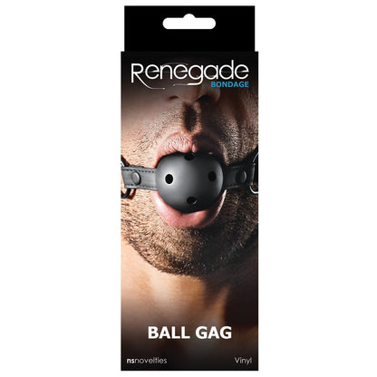 The NS Novelties Renegade Bondage Ball Gag packaging showcases a person with facial hair wearing this sleek black gag. Made from durable vinyl, this stylish and resilient master domination tool is ideal for those ready to explore their boundaries.