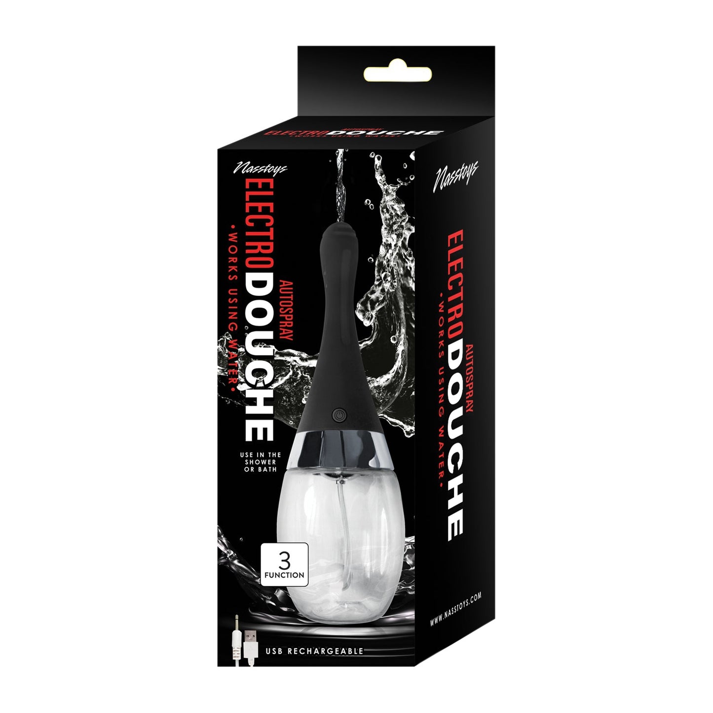 The Nasstoys Electro Douche packaging features a stylish design with a transparent lower section and black handle, promoting Effortless Booty Cleansing. It highlights features like Works In and Out of Water, 3 Function, and USB rechargeable.