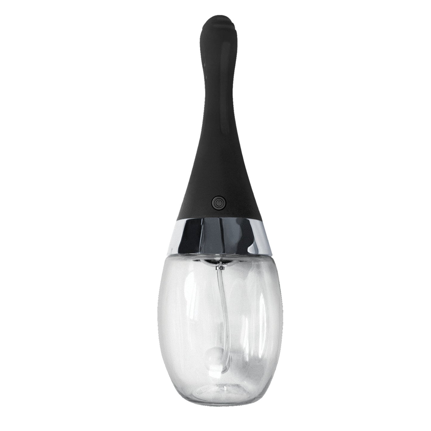 The Electro Douche by Nasstoys is a transparent glass pepper grinder featuring a sleek black handle and a shiny silver band, offering rechargeable convenience and modern sophistication, prominently displayed from the front.