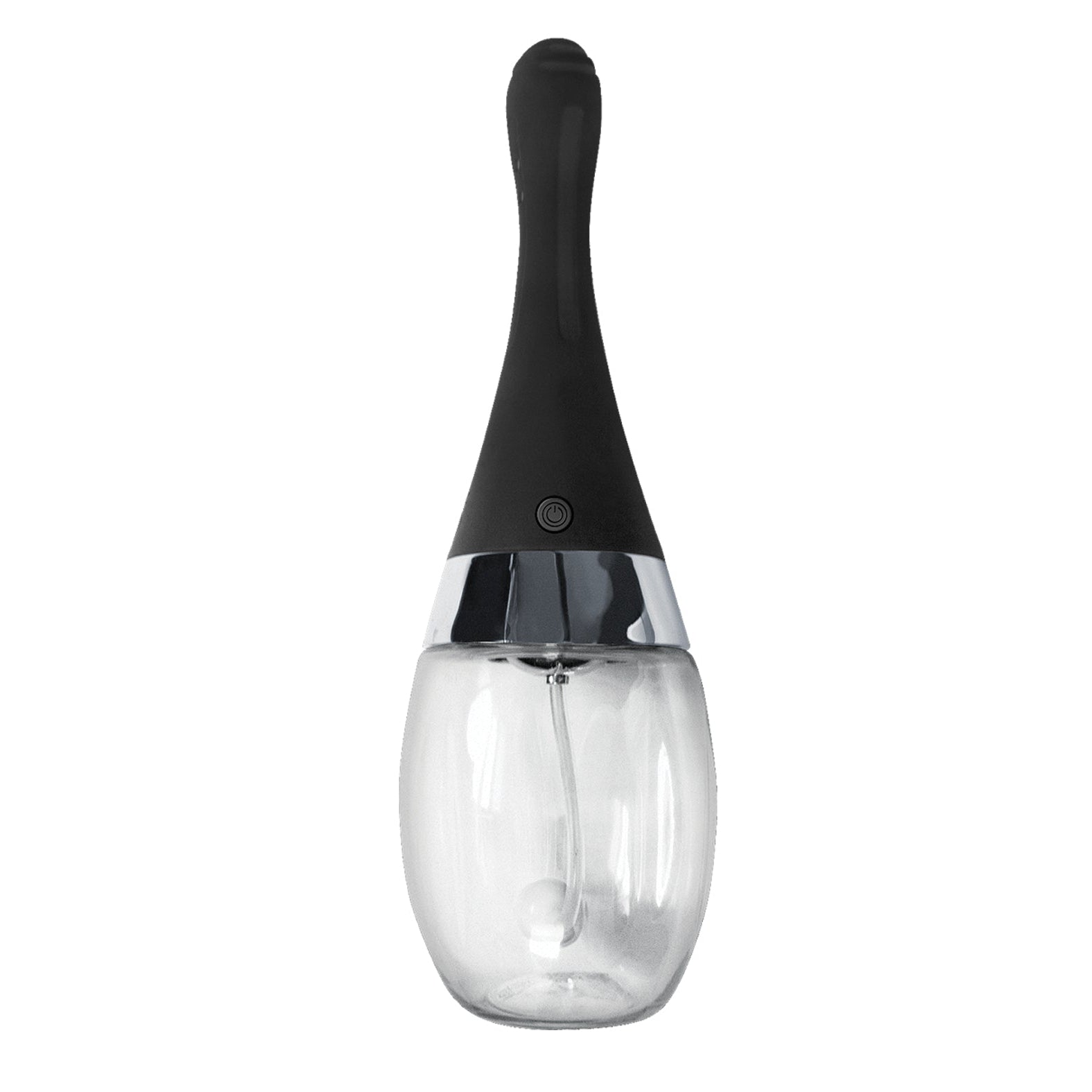 The Electro Douche by Nasstoys is a transparent glass pepper grinder featuring a sleek black handle and a shiny silver band, offering rechargeable convenience and modern sophistication, prominently displayed from the front.