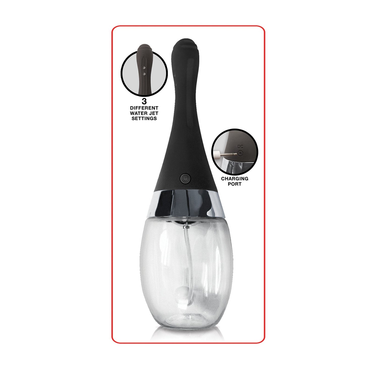 The Electro Douche by Nasstoys is a sleek black and silver rechargeable handheld whisk with a transparent base, featuring three inset circle settings and a charging port. The background is white with a thin red border.