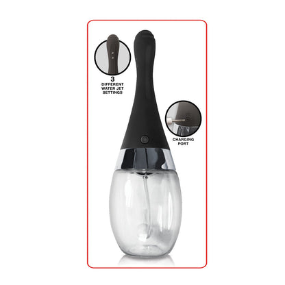 The Electro Douche by Nasstoys is a sleek black and silver rechargeable handheld whisk with a transparent base, featuring three inset circle settings and a charging port. The background is white with a thin red border.