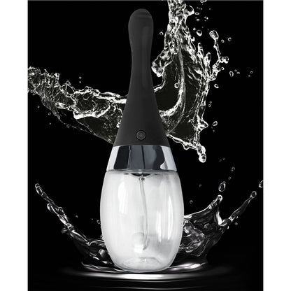 Set against a dark backdrop, the Electro Douche by Nasstoys shines with its sleek black and silver design, highlighted by splashing water. This modern bottle exudes style while providing effortless booty cleansing, and its rechargeable for your convenience.