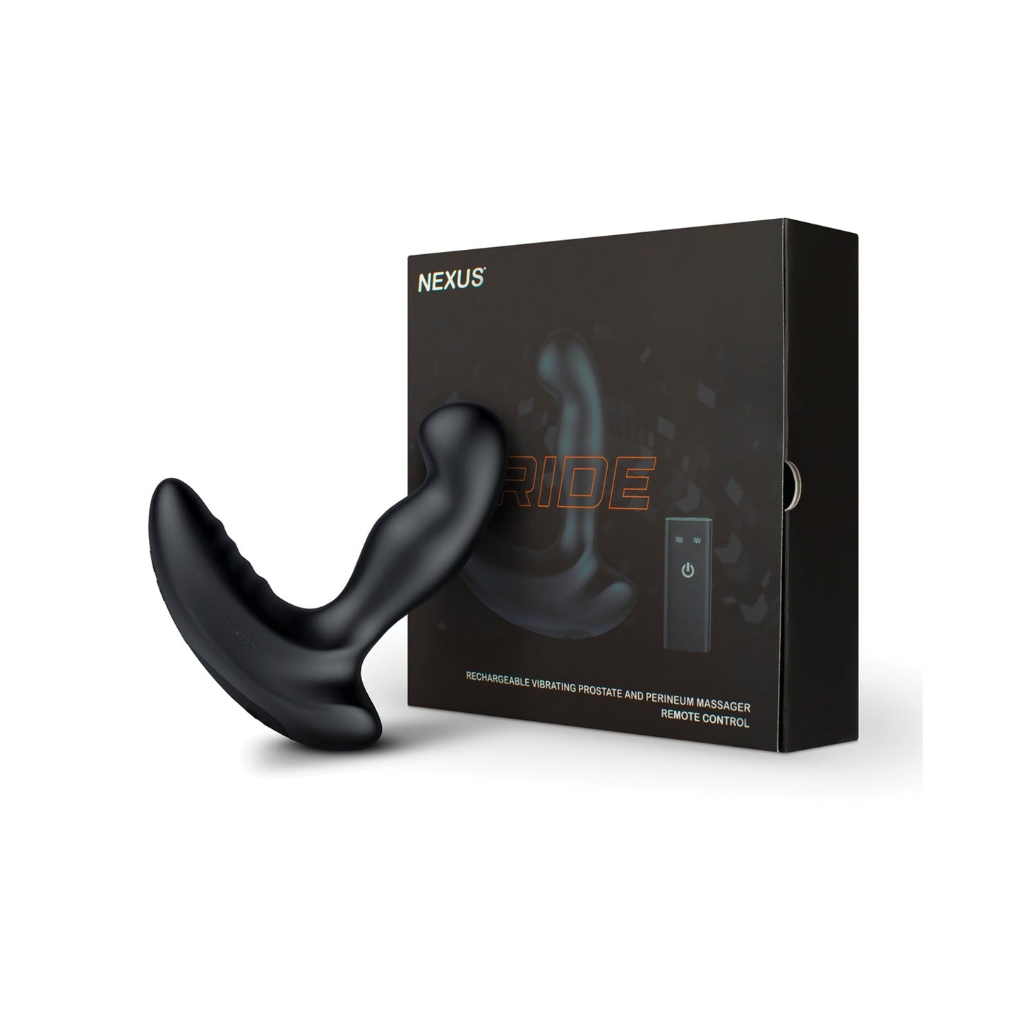 The Nexus Ride Prostate Massager, by Nexus, is elegantly displayed beside its packaging, featuring a digital image that emphasizes its rechargeable nature and remote-control features for a seamless experience.
