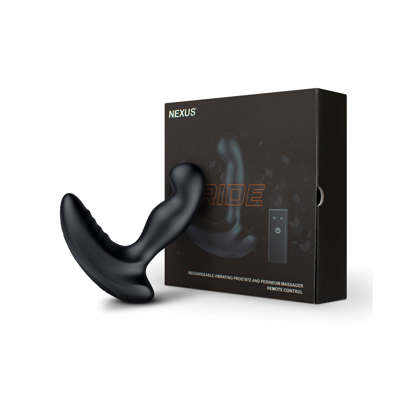 The Nexus Ride Prostate Massager, by Nexus, is elegantly displayed beside its packaging, featuring a digital image that emphasizes its rechargeable nature and remote-control features for a seamless experience.