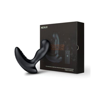 The Nexus Ride Prostate Massager, by Nexus, is elegantly displayed beside its packaging, featuring a digital image that emphasizes its rechargeable nature and remote-control features for a seamless experience.