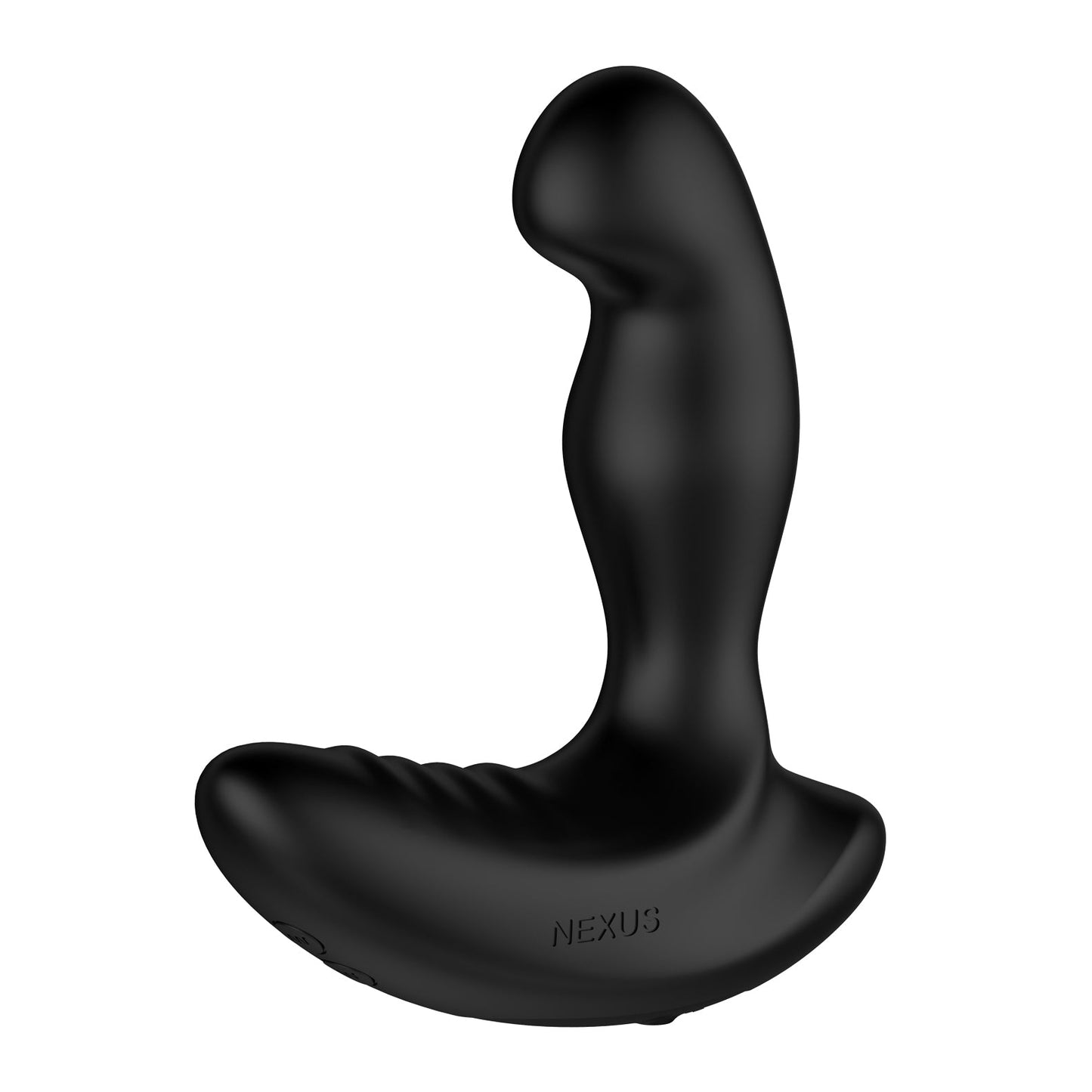 The Nexus Ride Prostate Massager, a black vibrating device with a curved ergonomic design and textured base, has a slightly bulbous tip for perineum stimulation. Its remote-controlled for convenience and has Nexus embossed on the side.