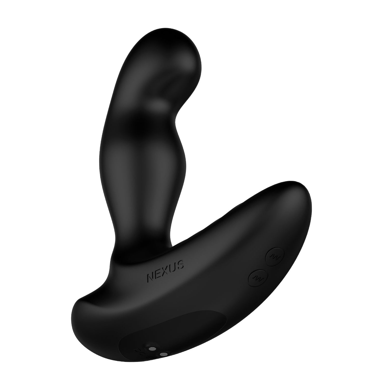The Nexus Ride Prostate Massager by Nexus is a sleek black device with a curved shaft and flat base designed for internal and external stimulation. It features button controls on the side, enhancing its modern appearance.