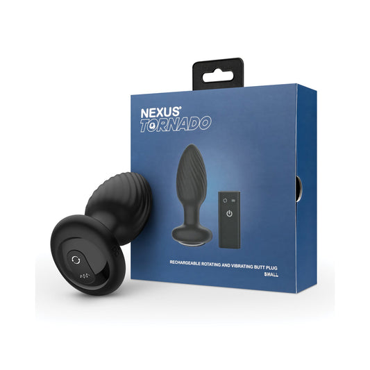 The Nexus Tornado Rotating & Vibrating Butt Plug by Nexus is ideal for anal adventures, featuring a rechargeable design and remote control, all highlighted in its packaging and product image against a sleek blue background.