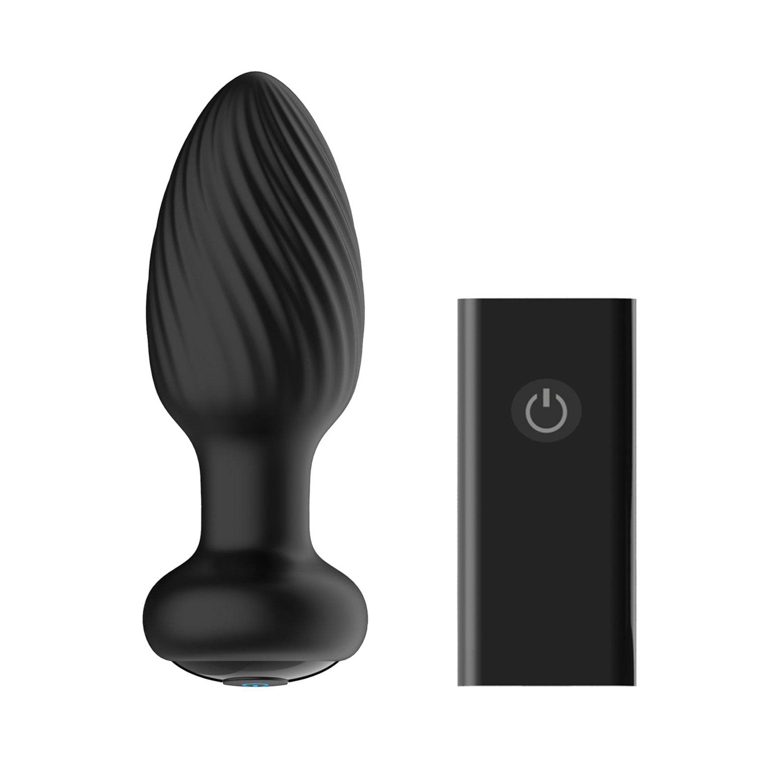 The Nexus Tornado Rotating & Vibrating Butt Plug by Nexus is a black textured butt plug with a tapered tip. It includes a sleek remote adorned with a power button symbol, ideal for thrilling anal experiences, all showcased on a crisp white background.