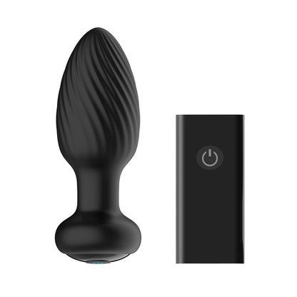 The Nexus Tornado Rotating & Vibrating Butt Plug by Nexus is a black textured butt plug with a tapered tip. It includes a sleek remote adorned with a power button symbol, ideal for thrilling anal experiences, all showcased on a crisp white background.