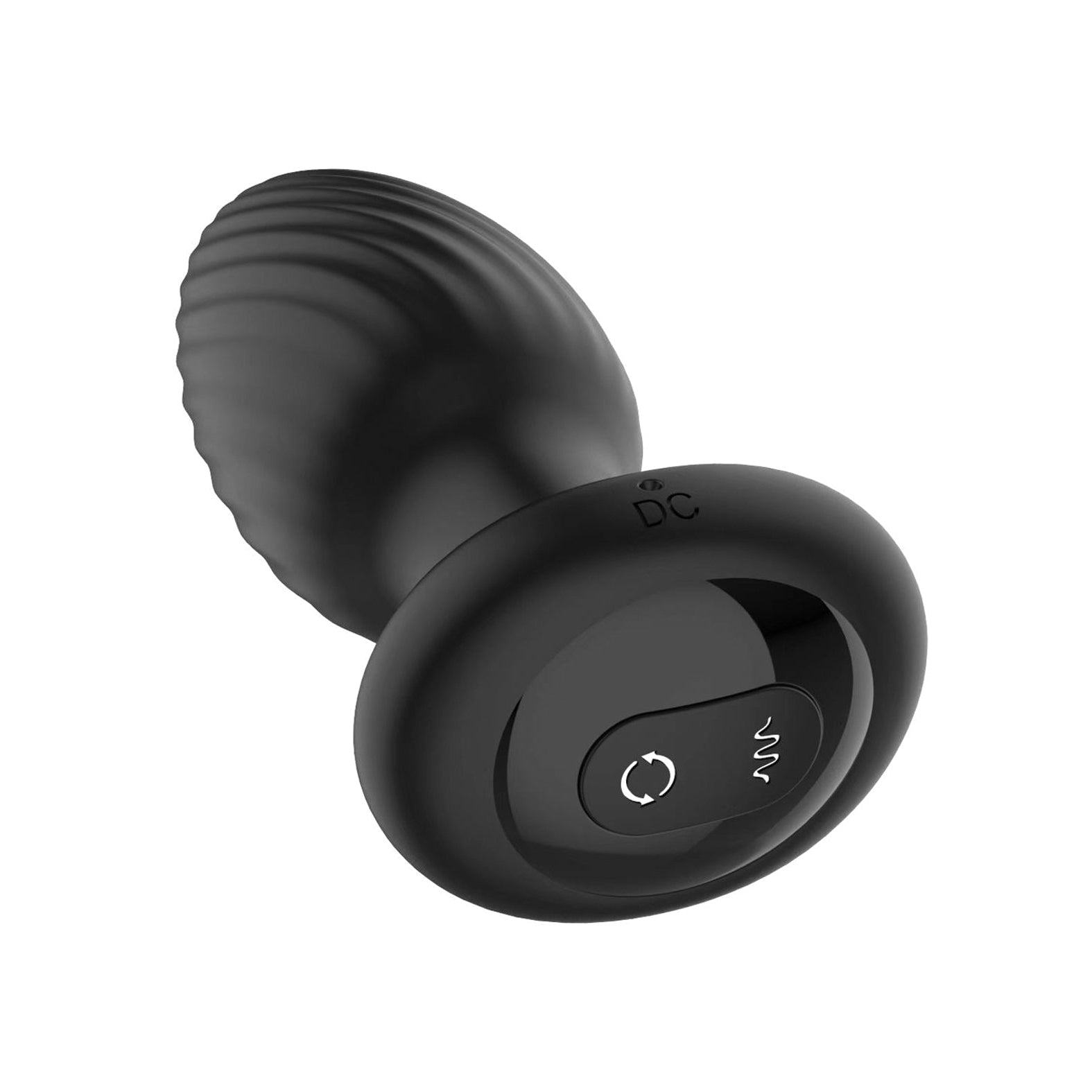 The Nexus Tornado Rotating & Vibrating Butt Plug by Nexus is a black, egg-shaped vibrator with ribs and a circular control panel at the base featuring power and wave icons, designed for exhilarating anal adventures.