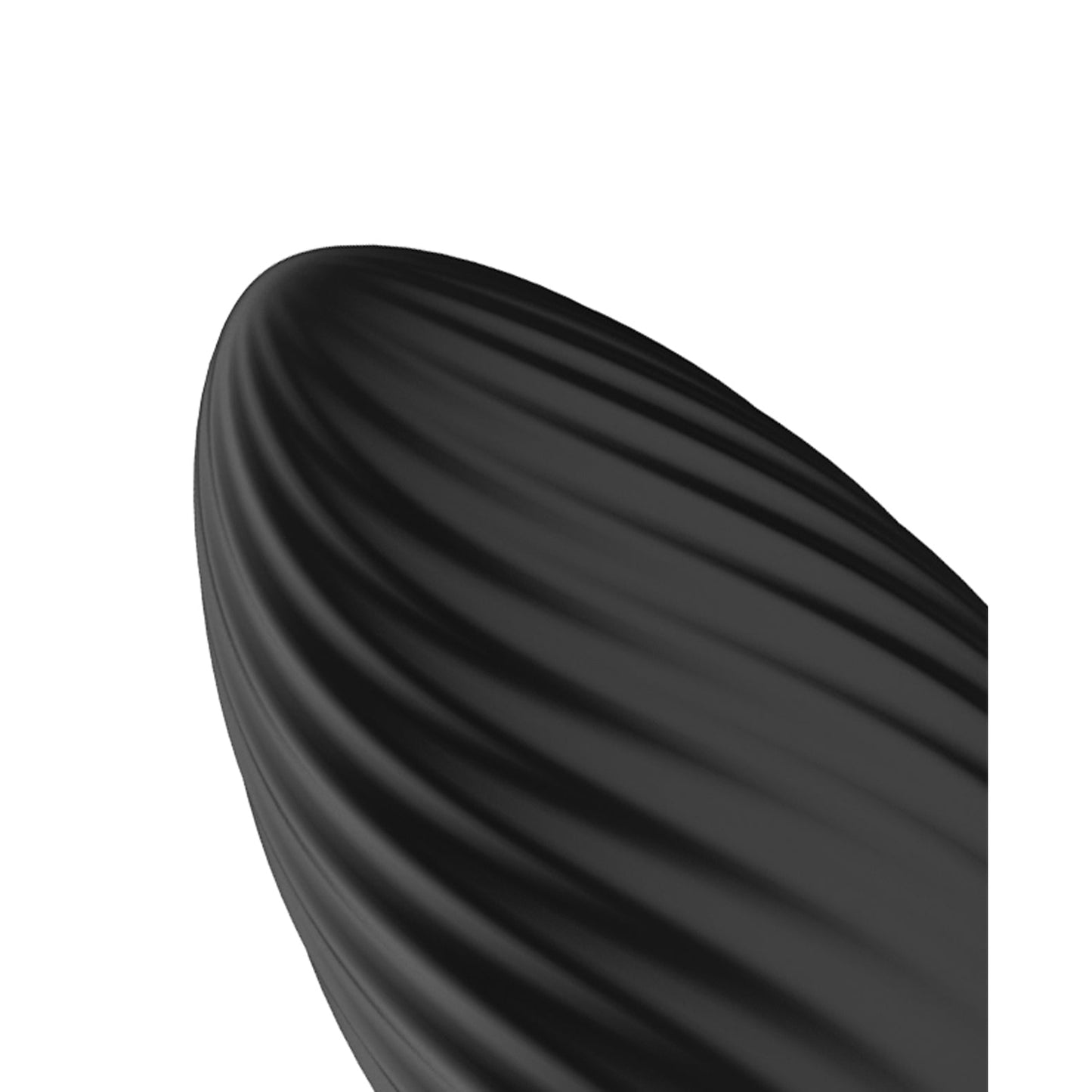Close-up of a black, oval Nexus Tornado Rotating & Vibrating Butt Plug by Nexus, featuring smooth wavy ridges. The object is partially framed against a plain white background.