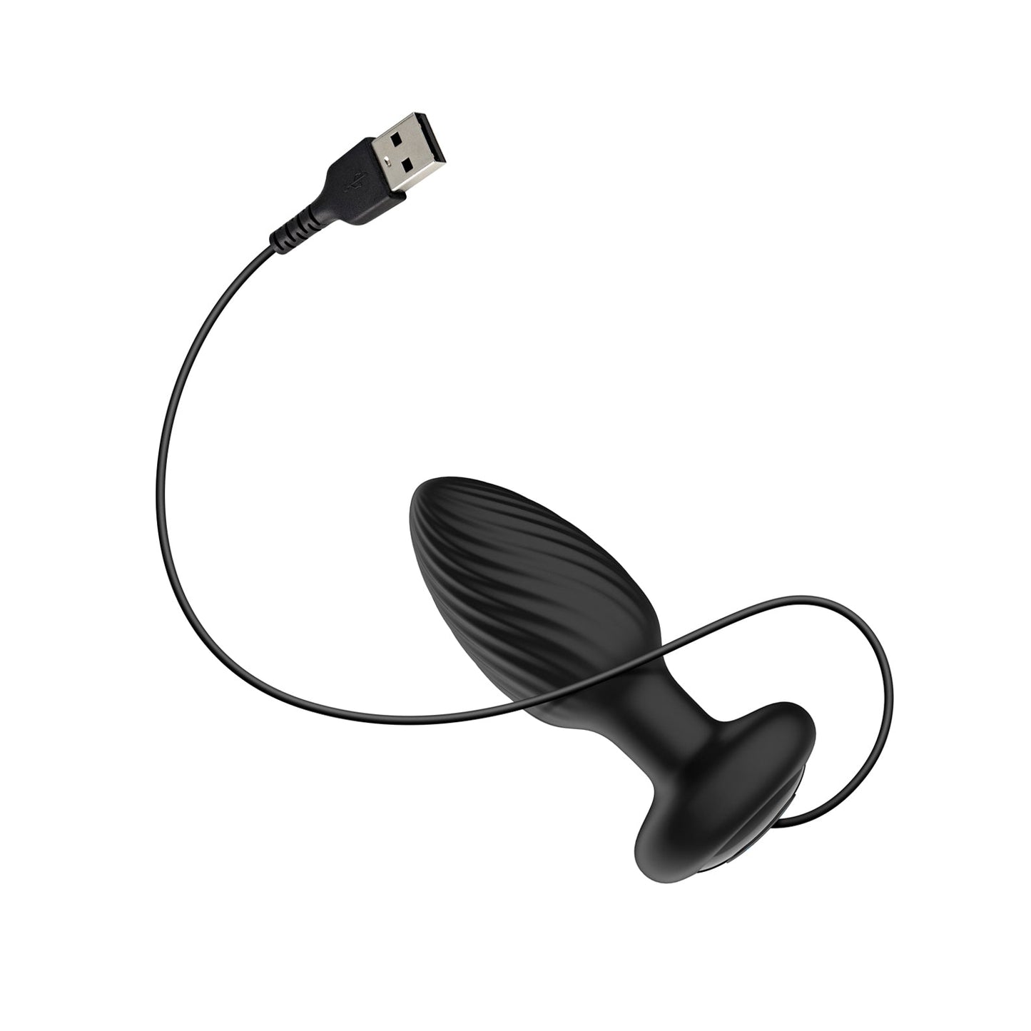 The Nexus Tornado Rotating & Vibrating Butt Plug by Nexus is a USB-rechargeable personal massager with a ribbed texture and attached cable, set on a white background, ideal for new anal ventures.