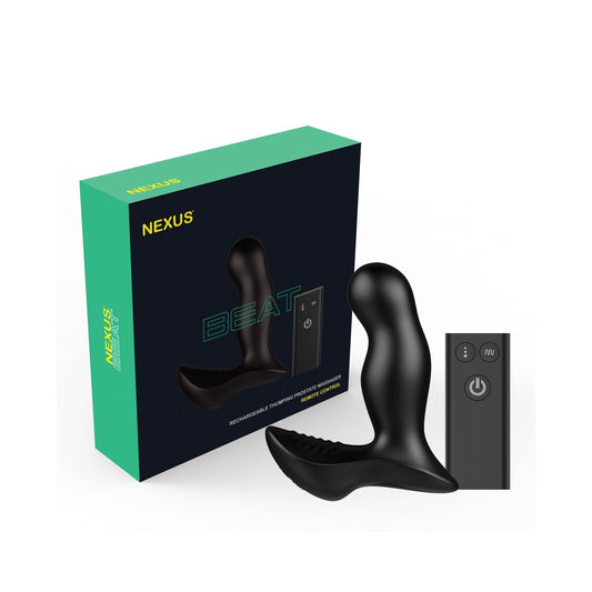 The box showcases the Nexus Beat Prostate Thumper, featuring a sleek black curved massager with remote control. Housed in striking green and black packaging, this waterproof design combines convenience and style.