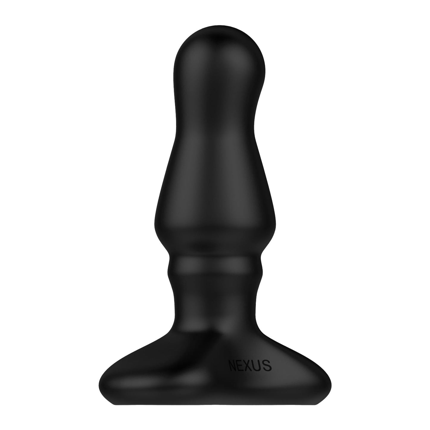 The Nexus Bolster Butt Plug is a sleek black adult toy, made from body-safe silicone, featuring a smooth bulbous shape with a flared base engraved with NEXUS. It offers comfort and functionality with an inflatable tip for customizable pleasure.