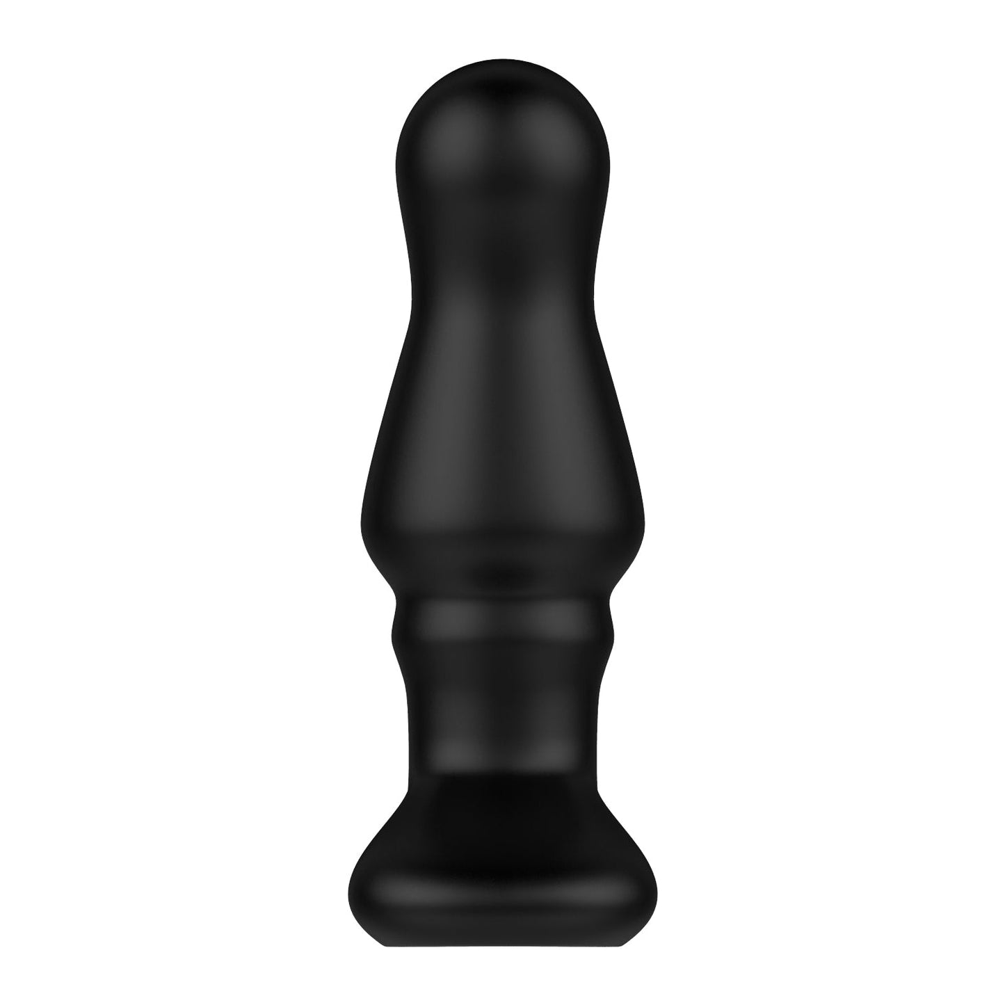 The Nexus Bolster Butt Plug from Nexus is a black, cylindrical object made of body-safe silicone with a tapered top, flat base, two ridged sections in the middle, and an inflatable tip for added versatility.