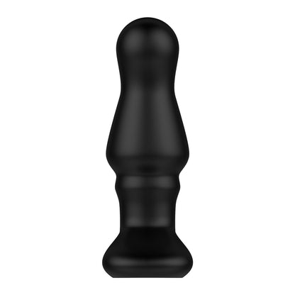 The Nexus Bolster Butt Plug from Nexus is a black, cylindrical object made of body-safe silicone with a tapered top, flat base, two ridged sections in the middle, and an inflatable tip for added versatility.