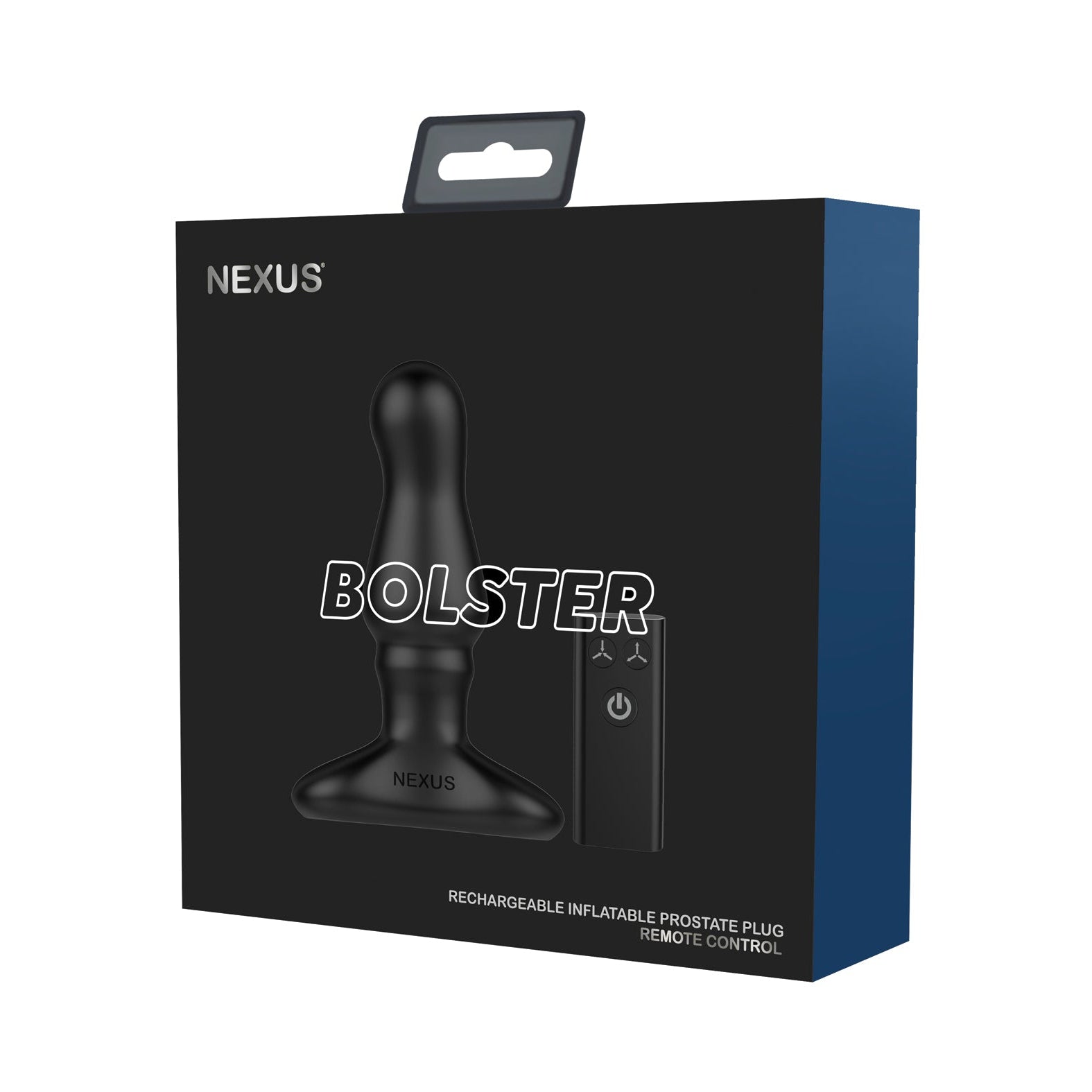 The Nexus Bolster Butt Plug sports sleek, sophisticated packaging with a mostly black box featuring white text and an image of the product with its remote. Made from body-safe silicone, it includes an inflatable tip for customized pleasure.