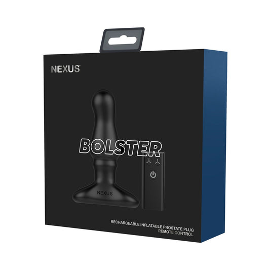 The Nexus Bolster Butt Plug sports sleek, sophisticated packaging with a mostly black box featuring white text and an image of the product with its remote. Made from body-safe silicone, it includes an inflatable tip for customized pleasure.