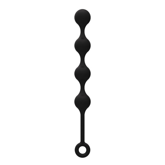 Discover the Nexus Quattro Vibrating Anal Balls by Nexus: crafted from sleek black silicone with progressively larger round spheres, a loop handle for easy grip, and remote-controlled vibrations discreetly embedded for personal pleasure.
