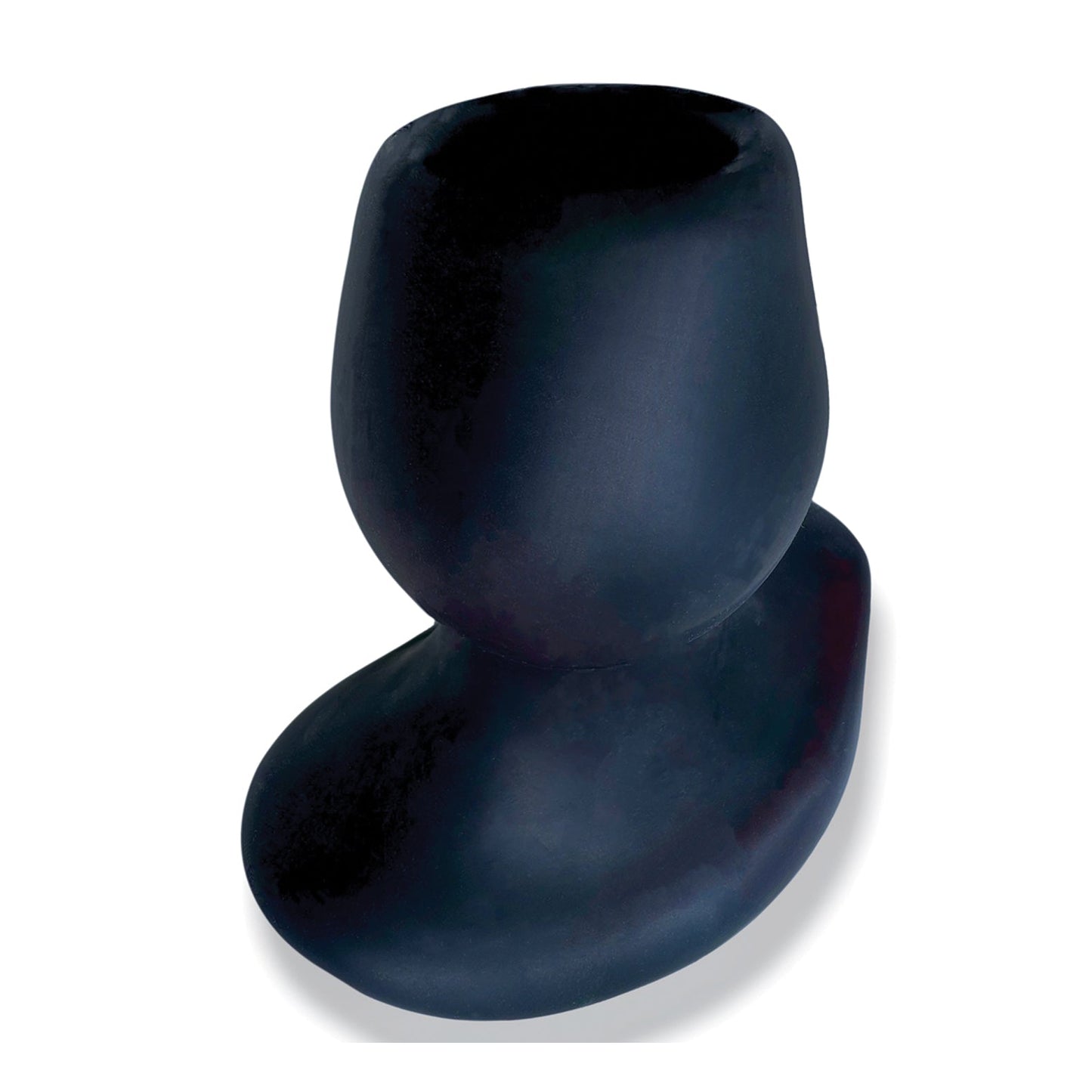 The Oxballs Morphhole 2 Gaper Plug by Oxballs is a smooth, abstract black sculpture with interconnected rounded forms. Its inverted cup-like top and asymmetrical PLUS+SILICONE base cast a soft shadow on a white background.