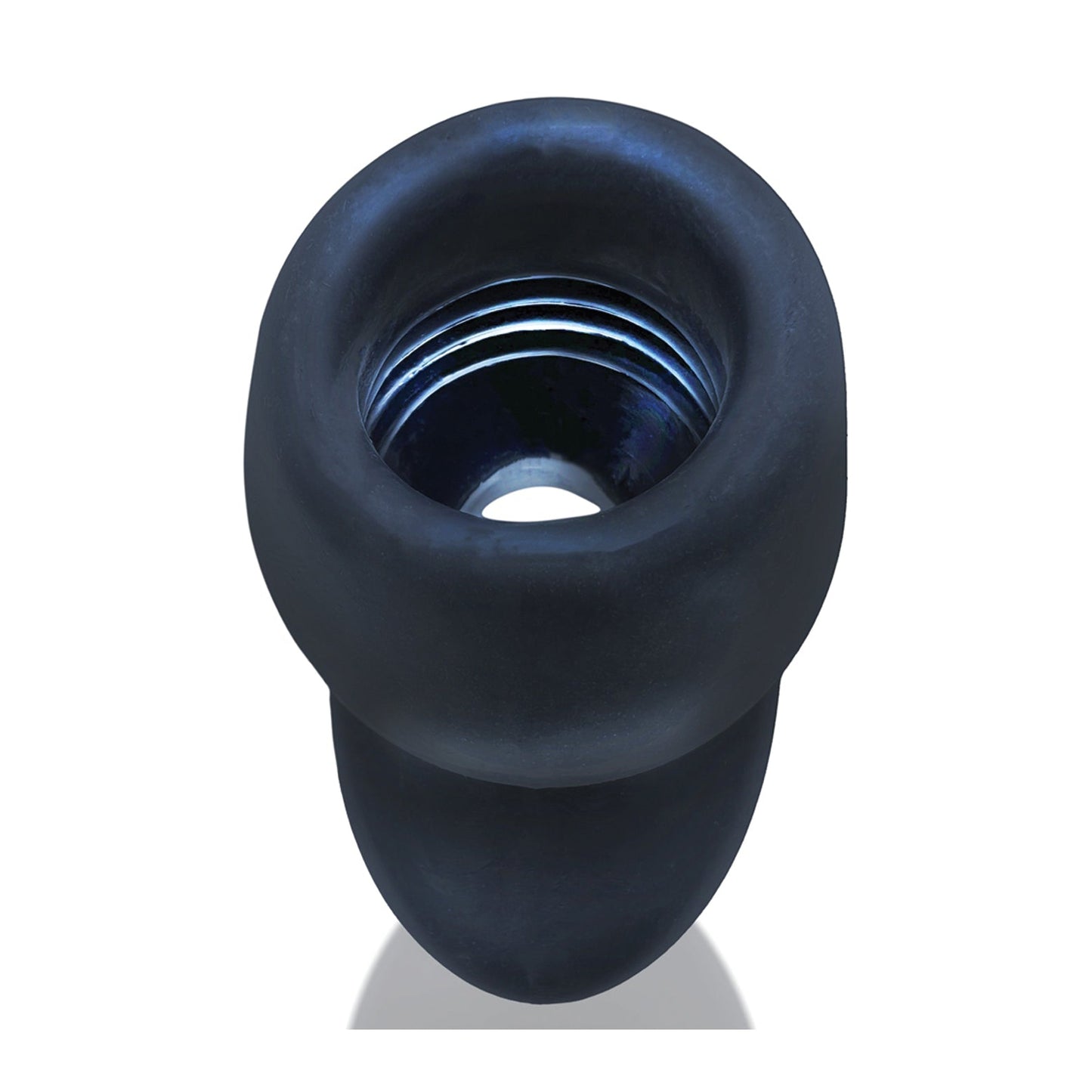 The Oxballs Morphhole 2 Gaper Plug features a black rubber design with shiny metal threading, set against a white background. Made with PLUS+SILICONE for enhanced durability and flexibility, its rounded cylindrical shape is ideal for diverse applications.