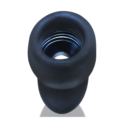 The Oxballs Morphhole 2 Gaper Plug features a black rubber design with shiny metal threading, set against a white background. Made with PLUS+SILICONE for enhanced durability and flexibility, its rounded cylindrical shape is ideal for diverse applications.