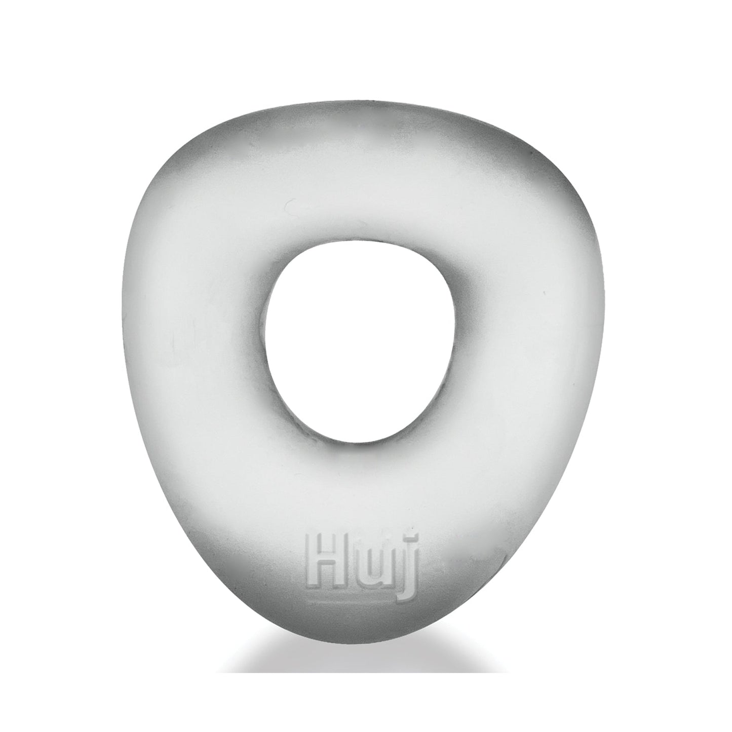 A frosted gray, doughnut-shaped Hunky Junk Hunkyjunk Form Cock Ring made from stretchy rubber has a smooth surface and a central hole, with Huji engraved at the bottom.