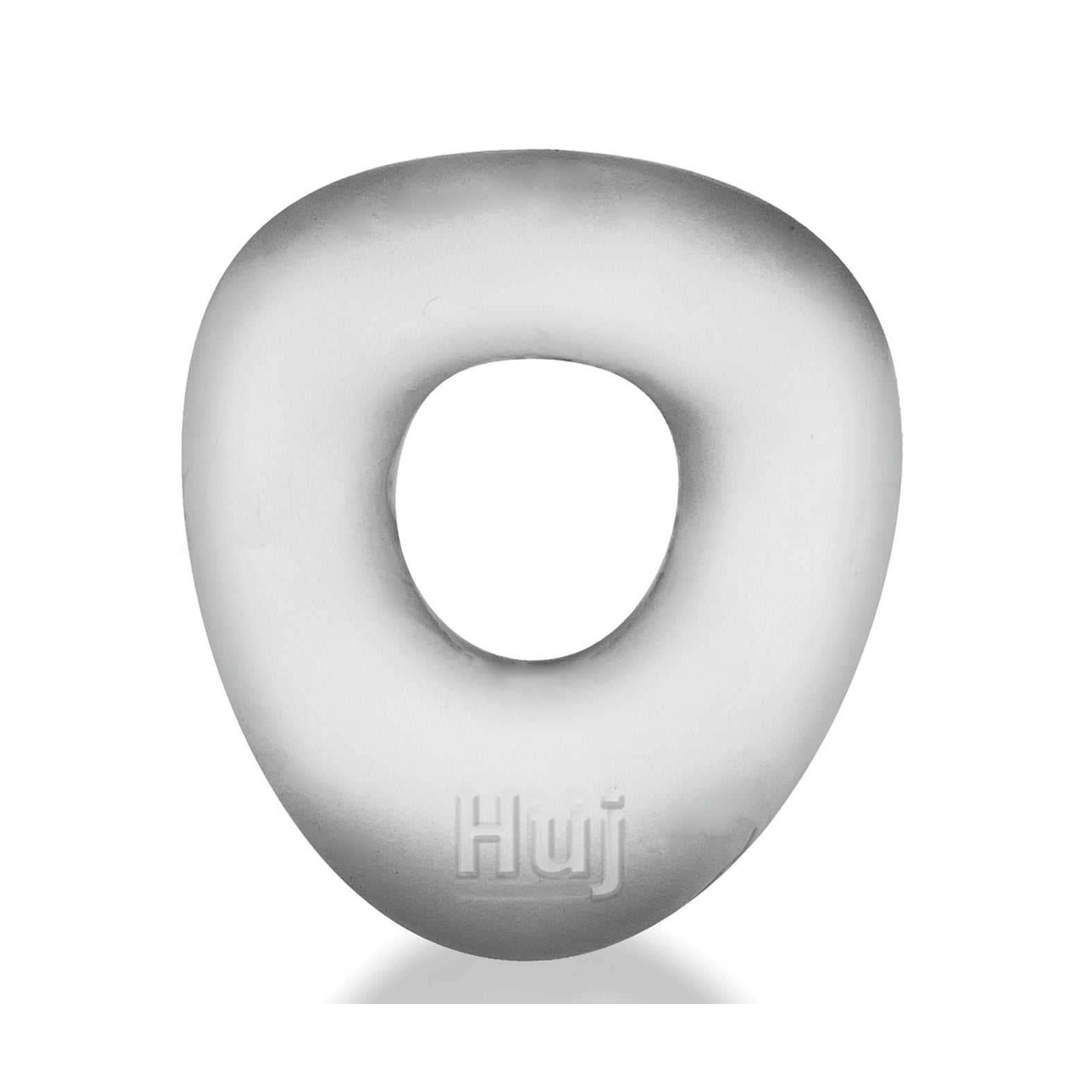 A frosted gray, doughnut-shaped Hunky Junk Hunkyjunk Form Cock Ring made from stretchy rubber has a smooth surface and a central hole, with Huji engraved at the bottom.