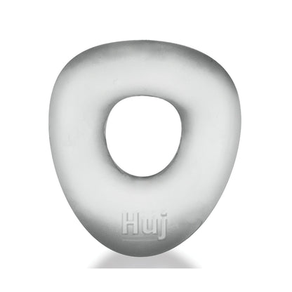 A frosted gray, doughnut-shaped Hunky Junk Hunkyjunk Form Cock Ring made from stretchy rubber has a smooth surface and a central hole, with Huji engraved at the bottom.