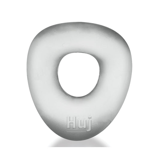 A frosted gray, doughnut-shaped Hunky Junk Hunkyjunk Form Cock Ring made from stretchy rubber has a smooth surface and a central hole, with Huji engraved at the bottom.