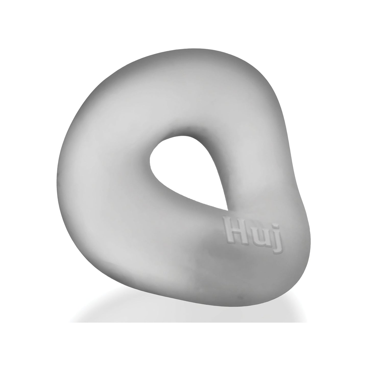 A gray, stretchy-rubber donut-shaped Hunky Junk Hunkyjunk Form Cock Ring with a soft texture and an opening on one side features the word Hüj embossed on its surface.