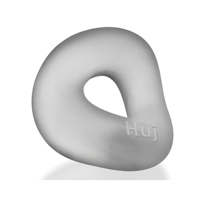 A gray, stretchy-rubber donut-shaped Hunky Junk Hunkyjunk Form Cock Ring with a soft texture and an opening on one side features the word Hüj embossed on its surface.