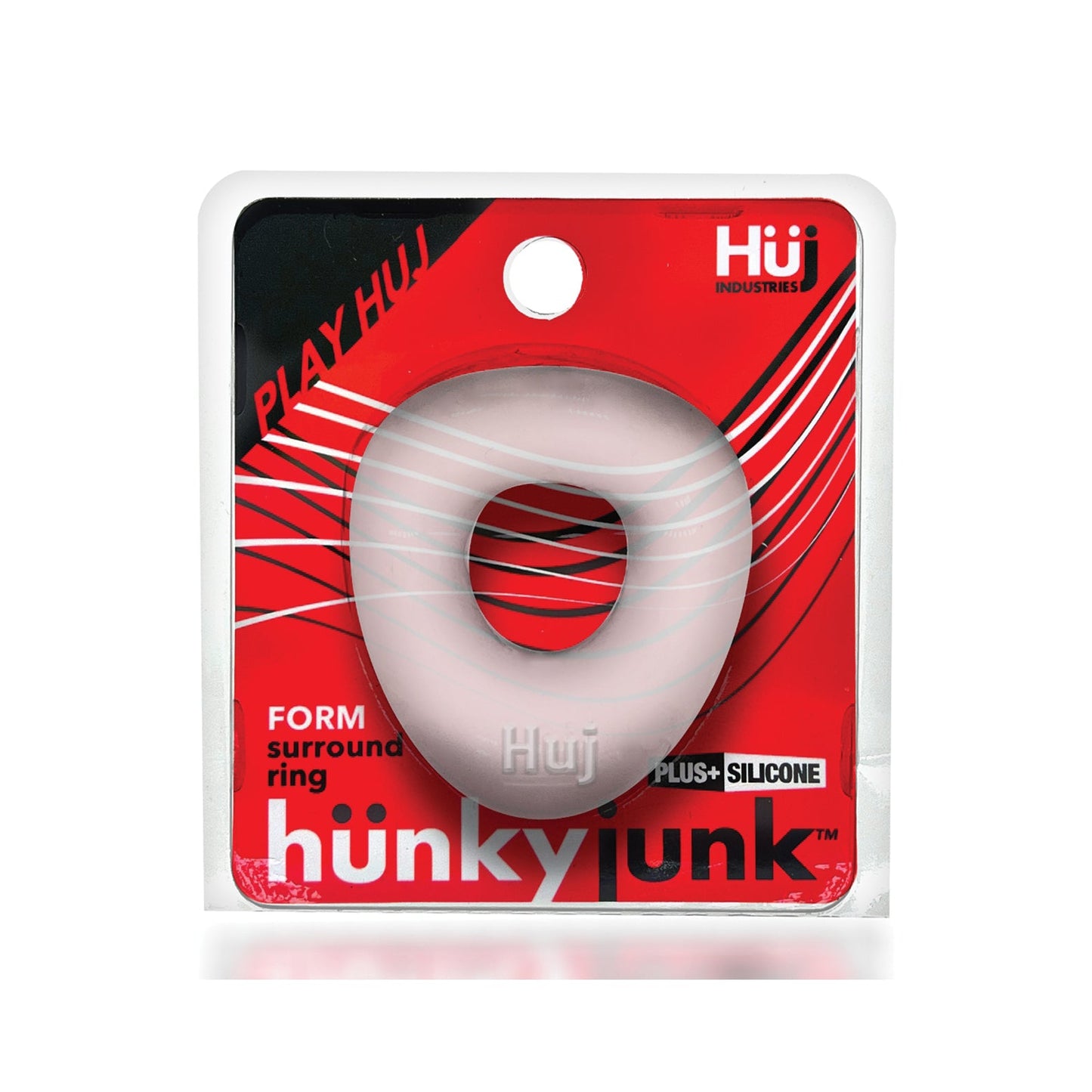 The packaging of the Hunkyjunk Form Cock Ring by Hunky Junk highlights a form surround ring made of a silicone blend, striking a balance between strength and flexibility. It boasts a red and white design with silver accents and features Hüj and Play Huj branding prominently.