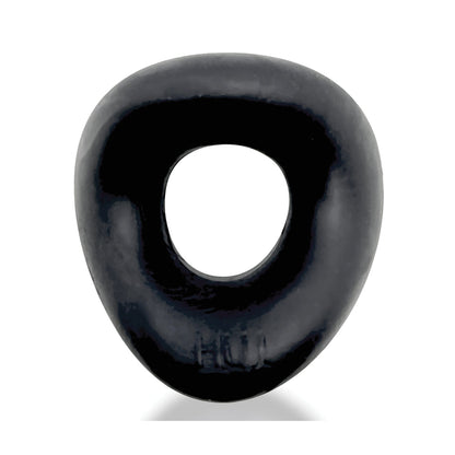 The Hunkyjunk Form Cock Ring by Hunky Junk is shiny, black, and oval-shaped with a hollow center on a white background. Made from a silicone blend, its surface is smooth and reflective.