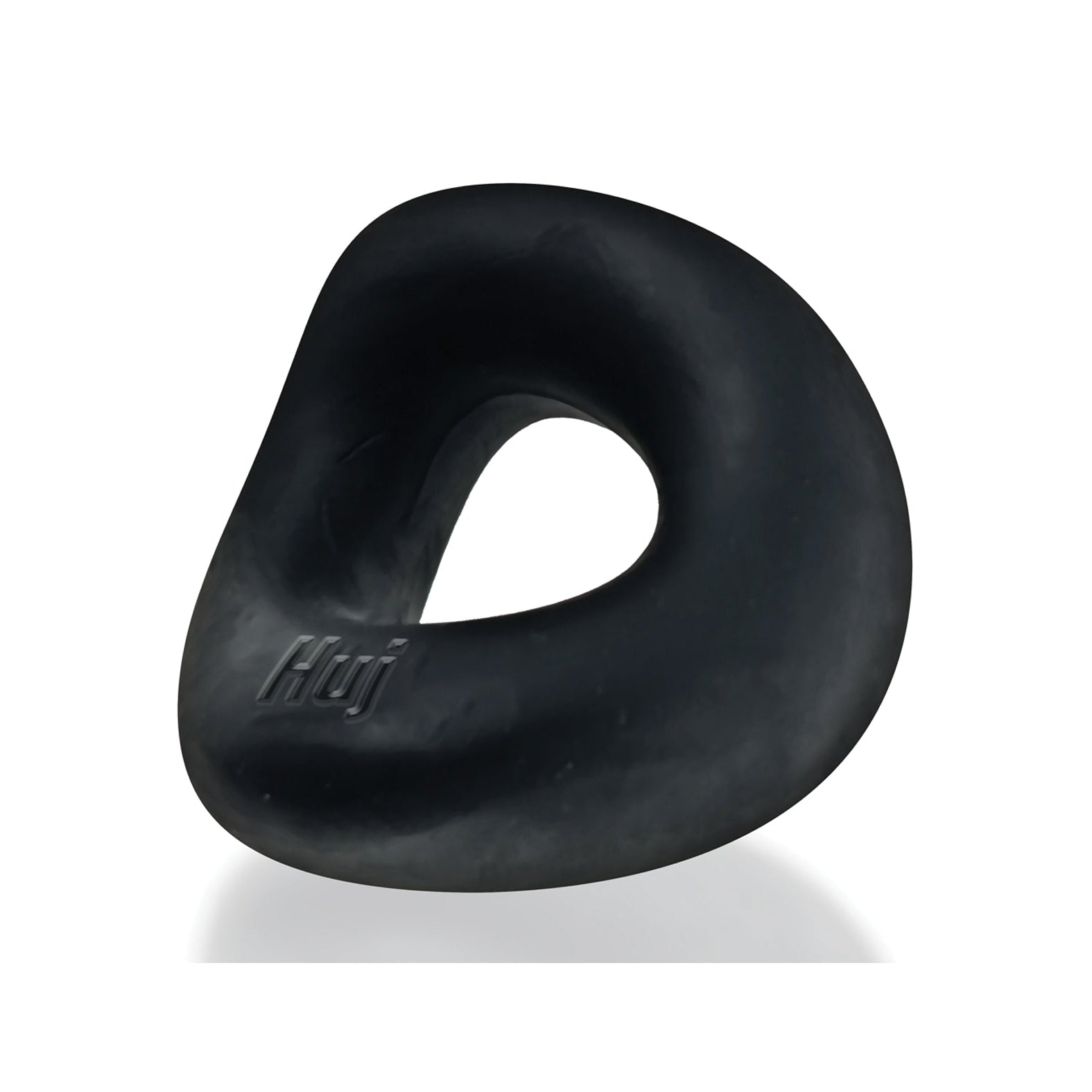 The Hunkyjunk Form Cock Ring by Hunky Junk is a black, stretchy-rubber cockring with an embossed Huj logo. It features a smooth surface with a slightly twisted, asymmetrical shape, shown against a white background.