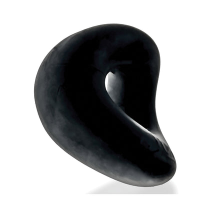 A sleek, black Hunkyjunk Form Cock Ring by Hunky Junk features a shiny surface, resting against a white backdrop. Its stretchy-rubber design twists elegantly into a continuous loop with a flowing curve.