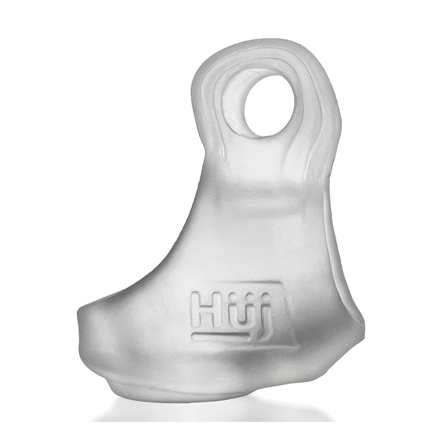 A transparent, sculpted object with a loop at the top has Hüj engraved on its side. Its sleek, abstract design is reminiscent of the Hunkyjunk Revsling Sling With Vibe by Hunky Junk, featuring a smooth finish that invites closer inspection.