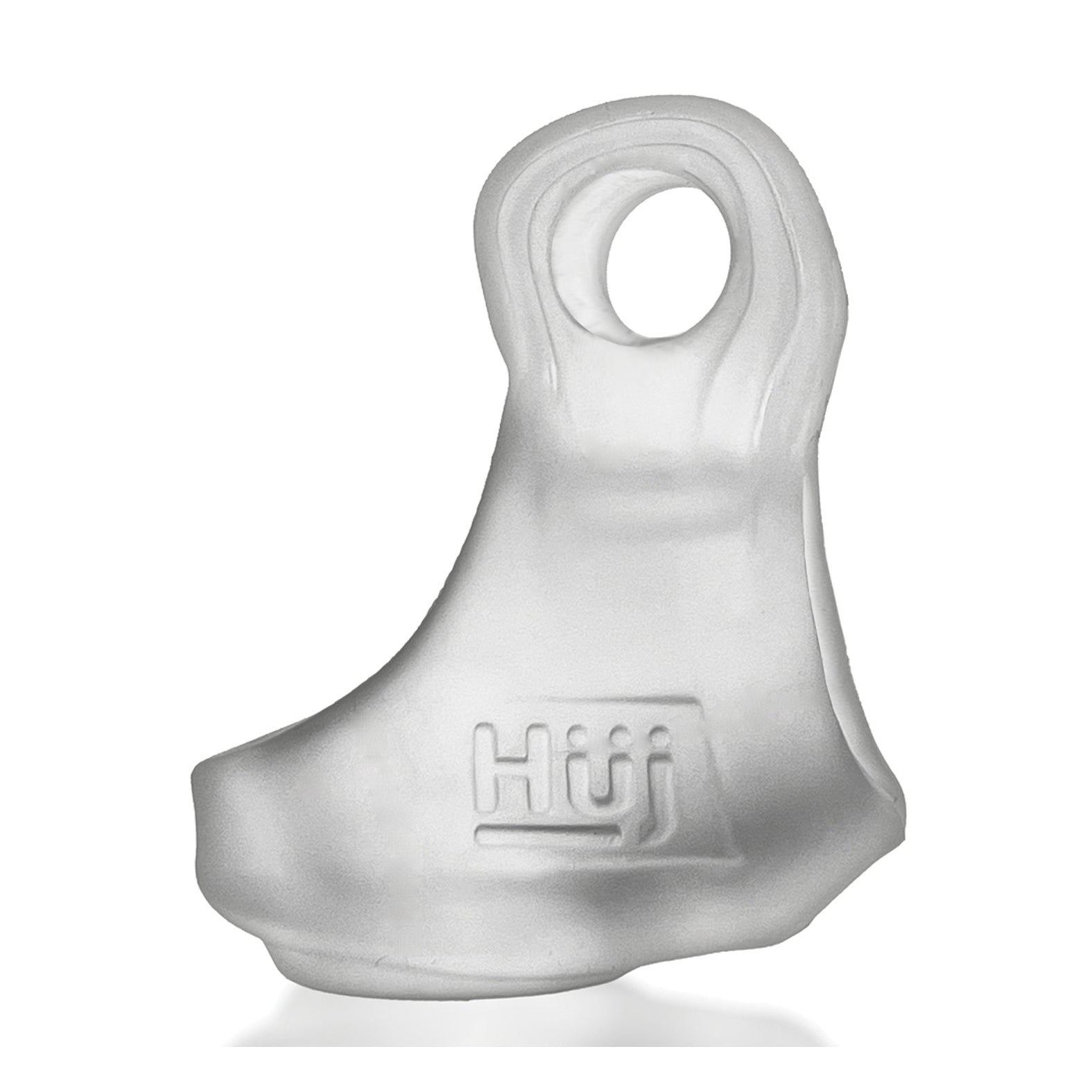 A transparent, sculpted object with a loop at the top has Hüj engraved on its side. Its sleek, abstract design is reminiscent of the Hunkyjunk Revsling Sling With Vibe by Hunky Junk, featuring a smooth finish that invites closer inspection.