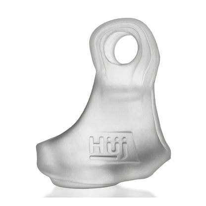 A transparent, sculpted object with a loop at the top has Hüj engraved on its side. Its sleek, abstract design is reminiscent of the Hunkyjunk Revsling Sling With Vibe by Hunky Junk, featuring a smooth finish that invites closer inspection.