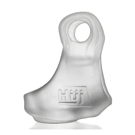 A transparent, sculpted object with a loop at the top has Hüj engraved on its side. Its sleek, abstract design is reminiscent of the Hunkyjunk Revsling Sling With Vibe by Hunky Junk, featuring a smooth finish that invites closer inspection.