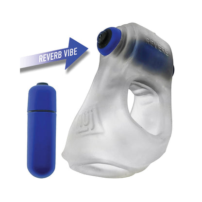 The Hunky Junk Hunkyjunk Revsling Sling With Vibe features a translucent silicone ring, a blue Reverb Vibe unit, and a separate blue cylinder. Its design includes Plus+SILICONE mix for enhanced durability, making it a versatile addition to your collection.