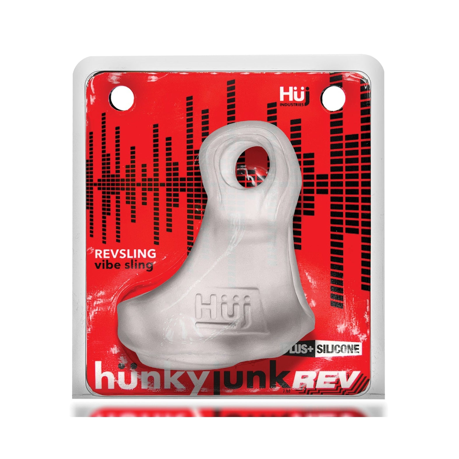 The Hunky Junk Revsling Sling With Vibe features sleek red and black packaging with sound wave graphics, containing the innovative translucent Plus+SILICONE mix for enhancing your REVERB vibe unit experience.