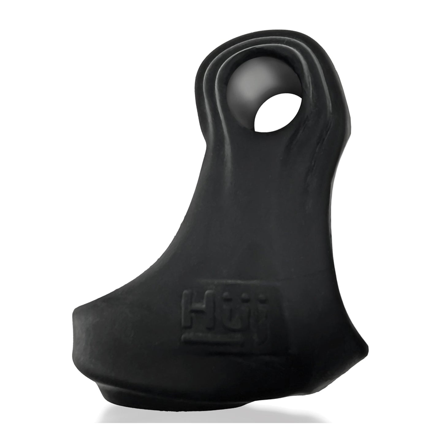 The black Hunkyjunk guitar thumb pick features a smooth matte finish and looped design for a secure fit, crafted with Plus+SILICONE mix for enhanced grip, with the embossed brand logo HOH visibly on the side.
