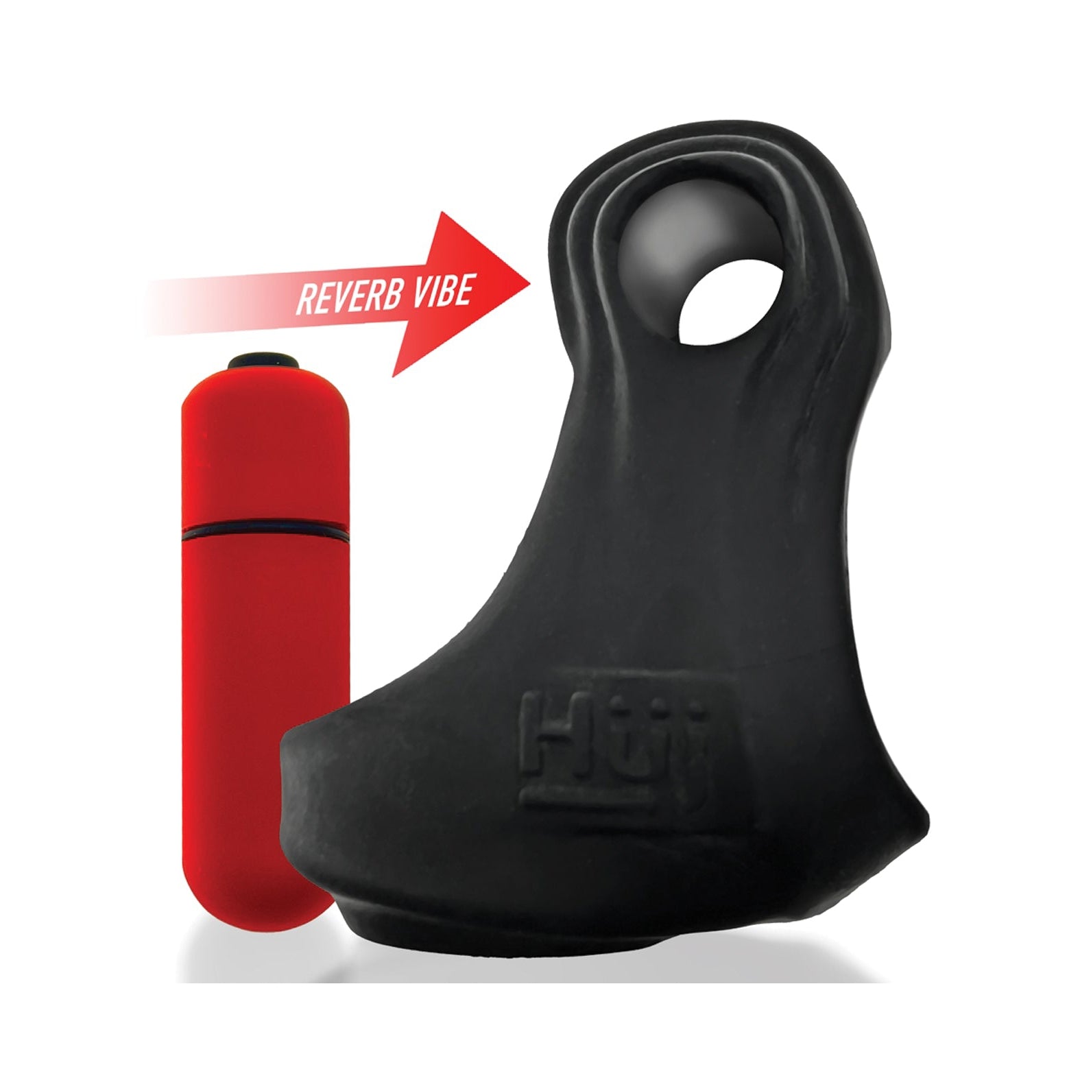 A black silicone ring-shaped object with a Hunkyjunk Revsling Sling With Vibe feature, attached to a red cylindrical component labeled Reverb Vibe in an arrow.