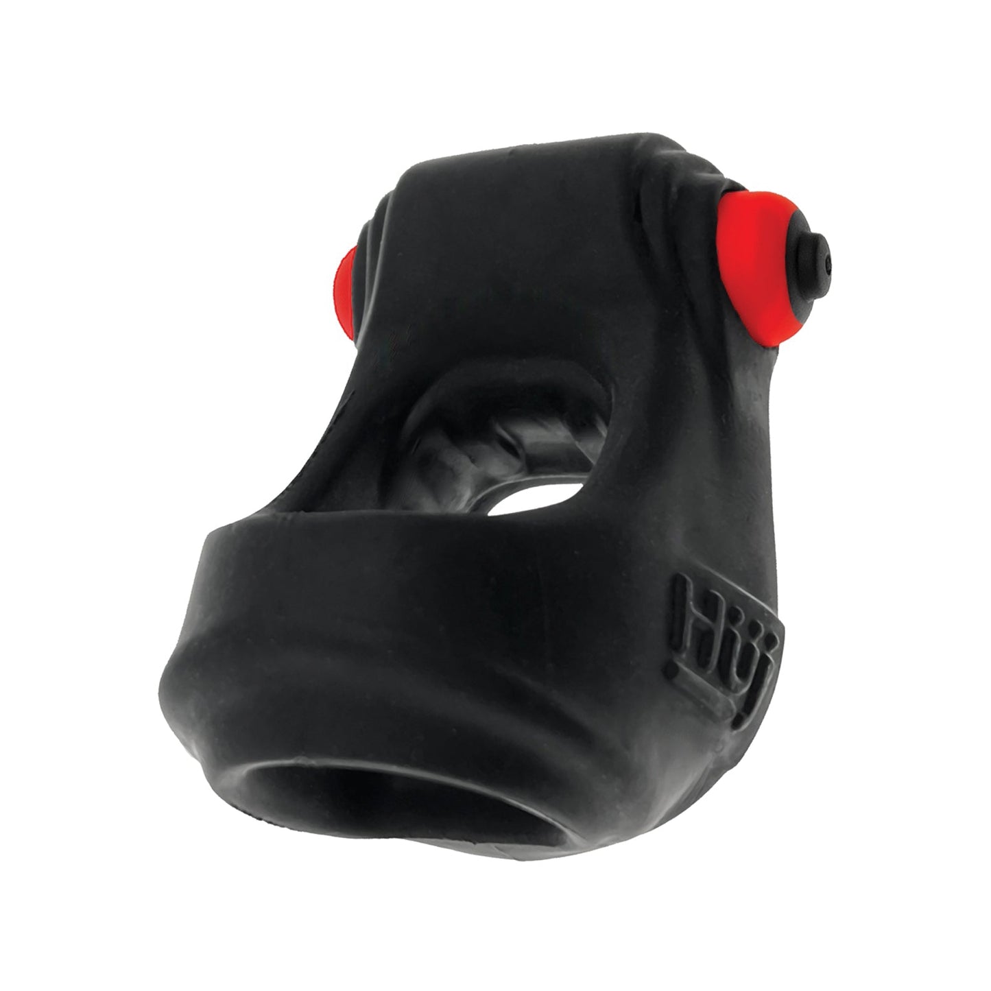 The Hunkyjunk Revsling Sling With Vibe by Hunky Junk is a black tough dog toy with red accents, made with Plus+SILICONE for extra durability. Its sturdy design and varied textures make it ideal for chewing and play, keeping pets engaged.