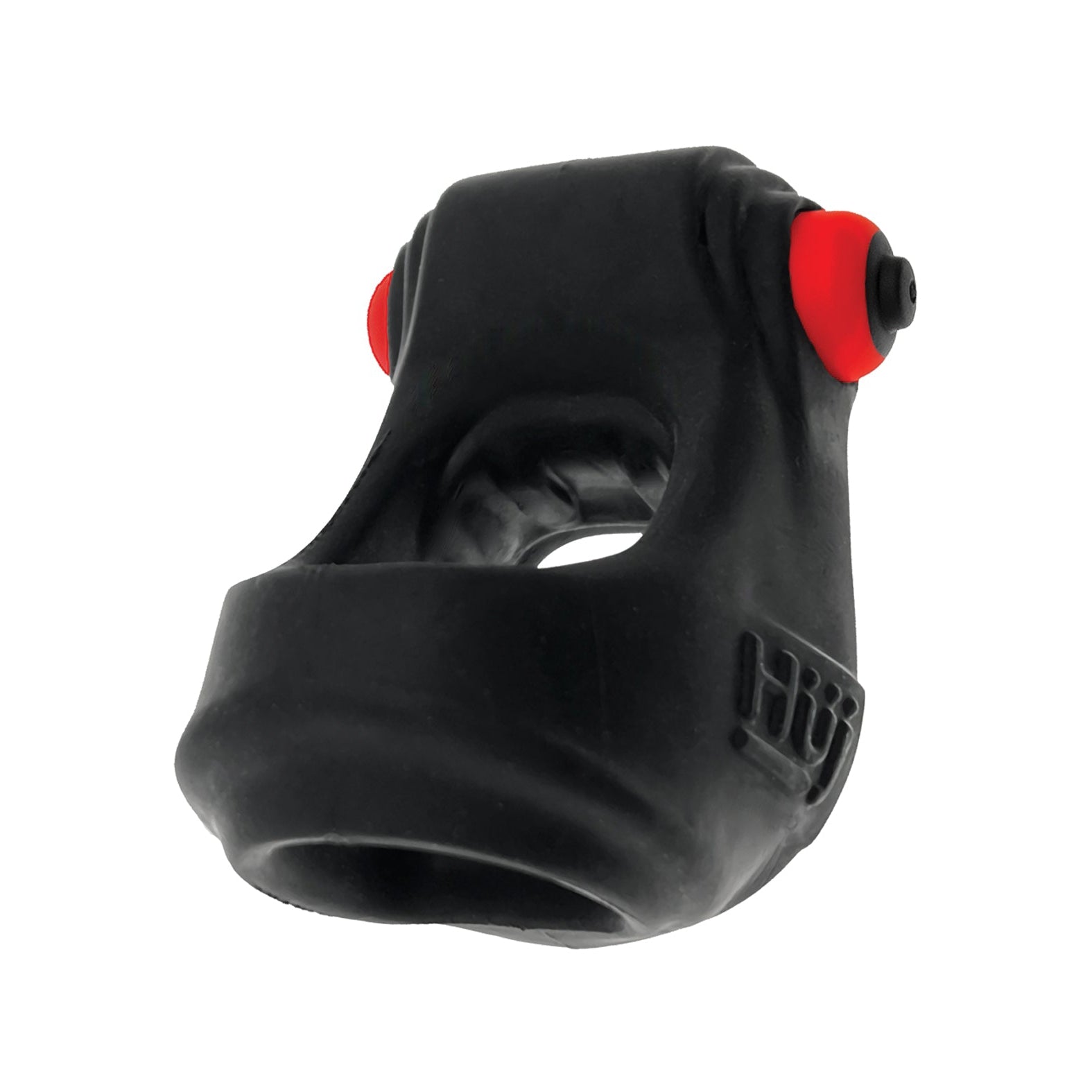 The Hunkyjunk Revsling Sling With Vibe by Hunky Junk is a black tough dog toy with red accents, made with Plus+SILICONE for extra durability. Its sturdy design and varied textures make it ideal for chewing and play, keeping pets engaged.