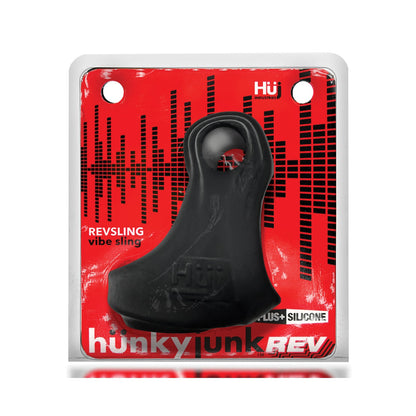 The packaging displays a black silicone Hunkyjunk Revsling Sling With Vibe by Hunky Junk. Set on a red background with black sound waves and the phrase PLUS+ SILICONE mix, it blends style and function, akin to the REVERB vibe unit for optimal performance.